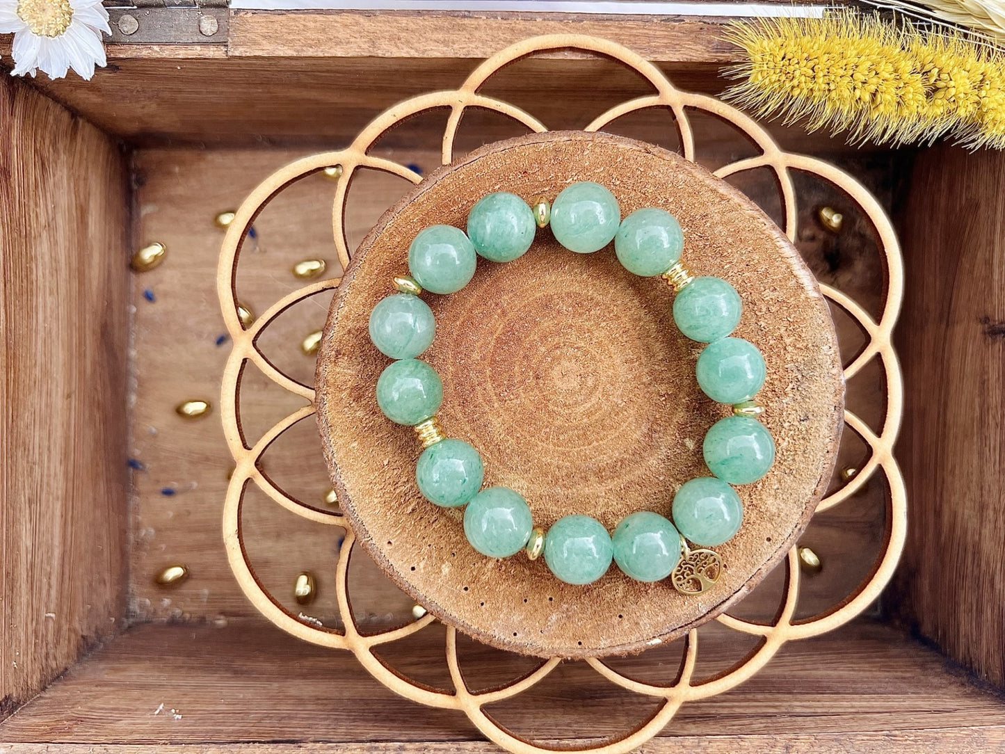 Bracelet en pierre d'Aventurine avec déco (12mm)
