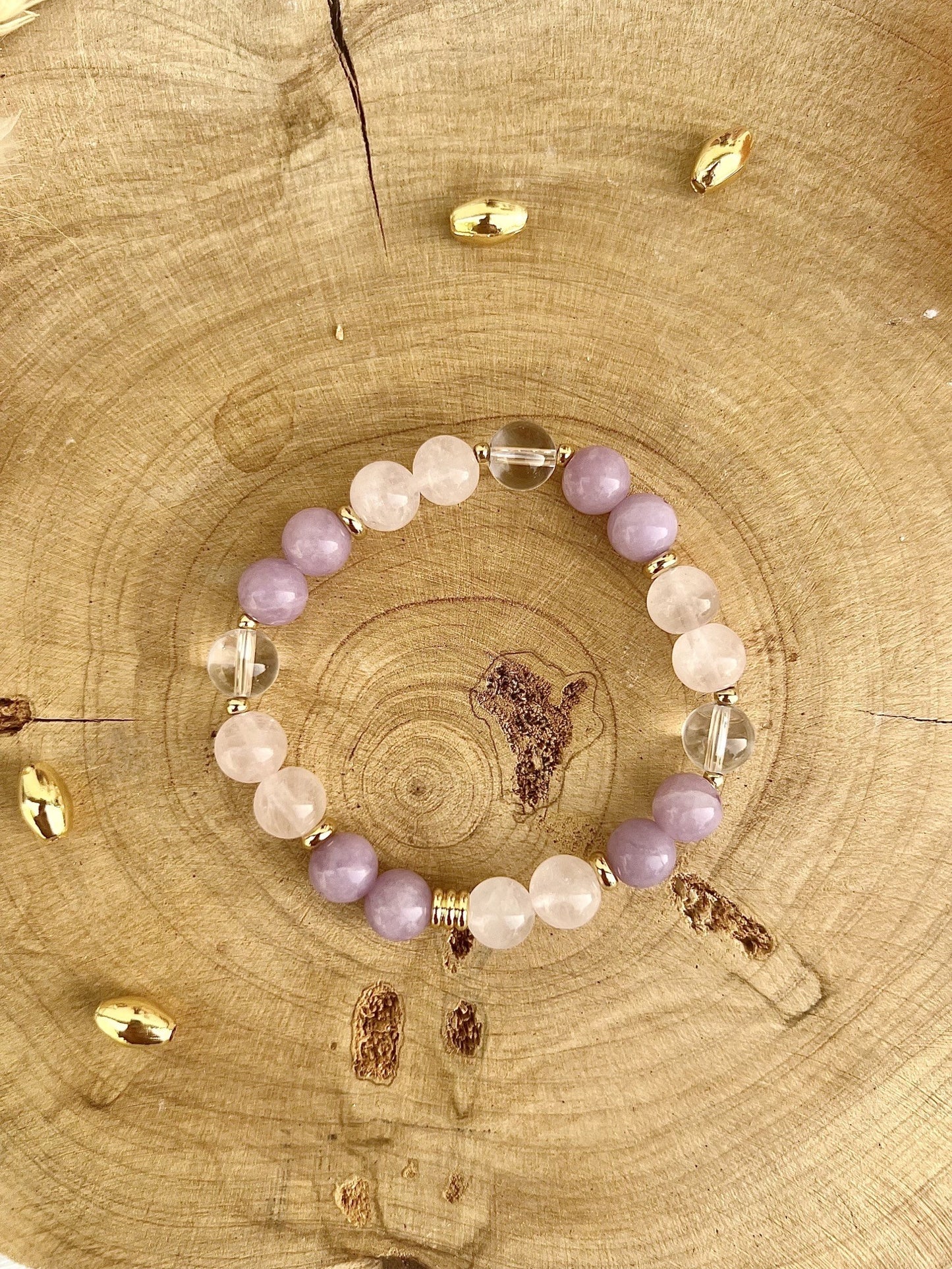 Bracelet contre les angoisses en pierre de Lépidolite et Quartz Rose déco (8mm)