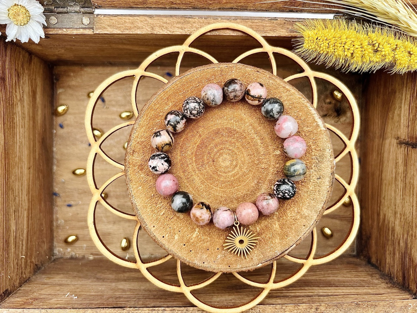 Bracelet en pierre de Rhodonite avec breloque (10mm)
