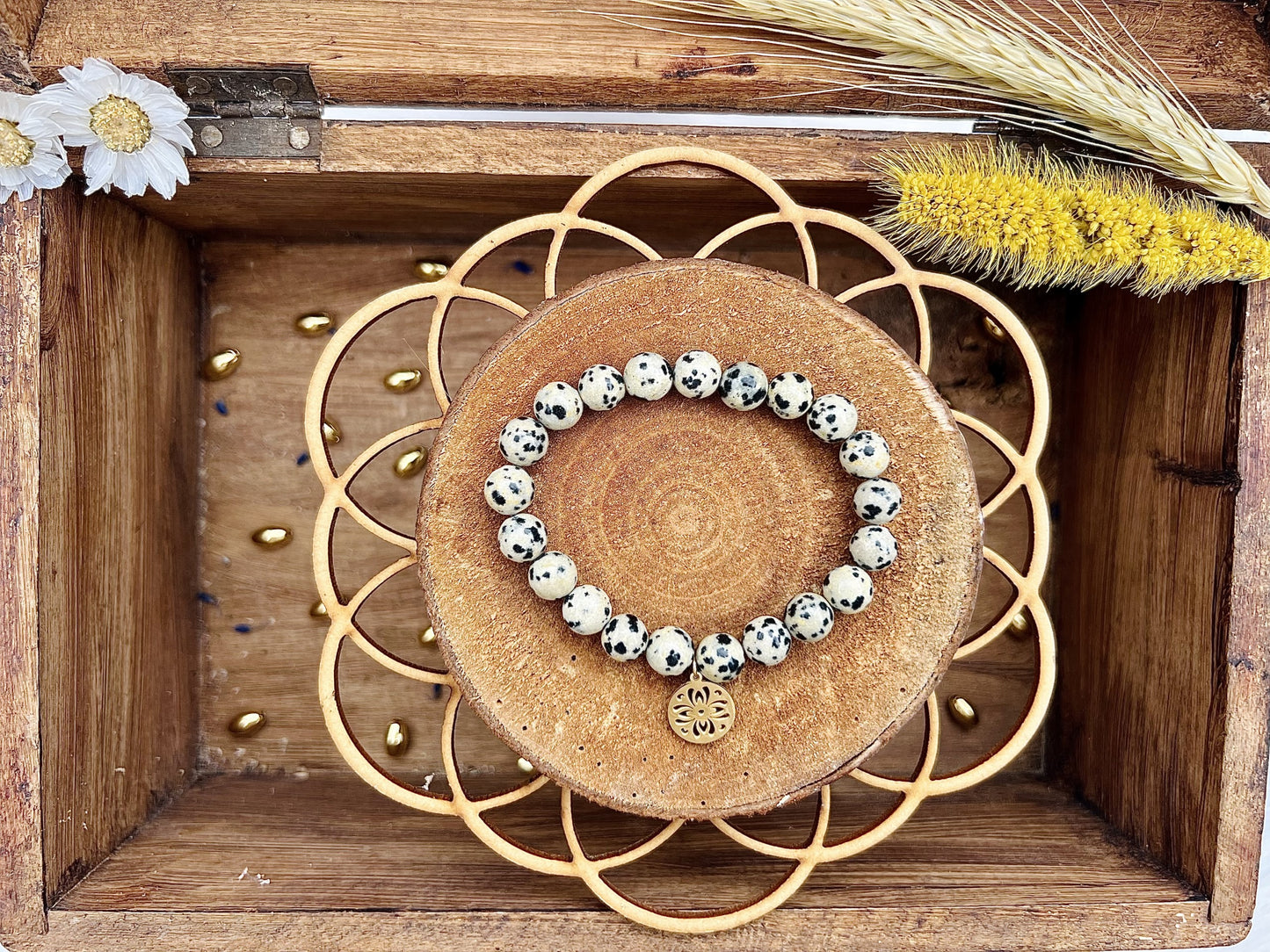 Bracelet en pierre de Jaspe Dalmatien avec Breloque (8mm)