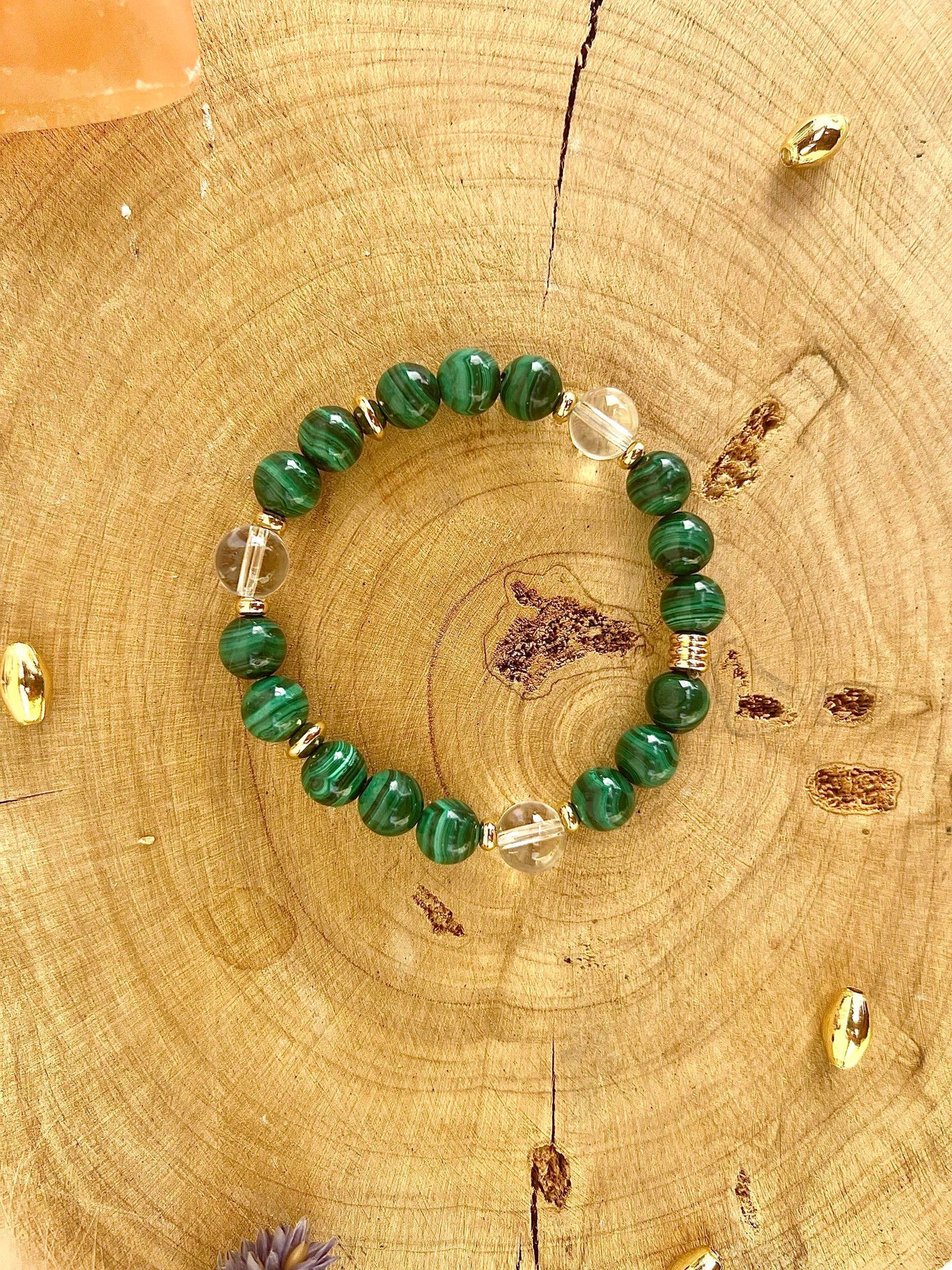 Bracelet en pierre de Malachite avec déco (8mm)
