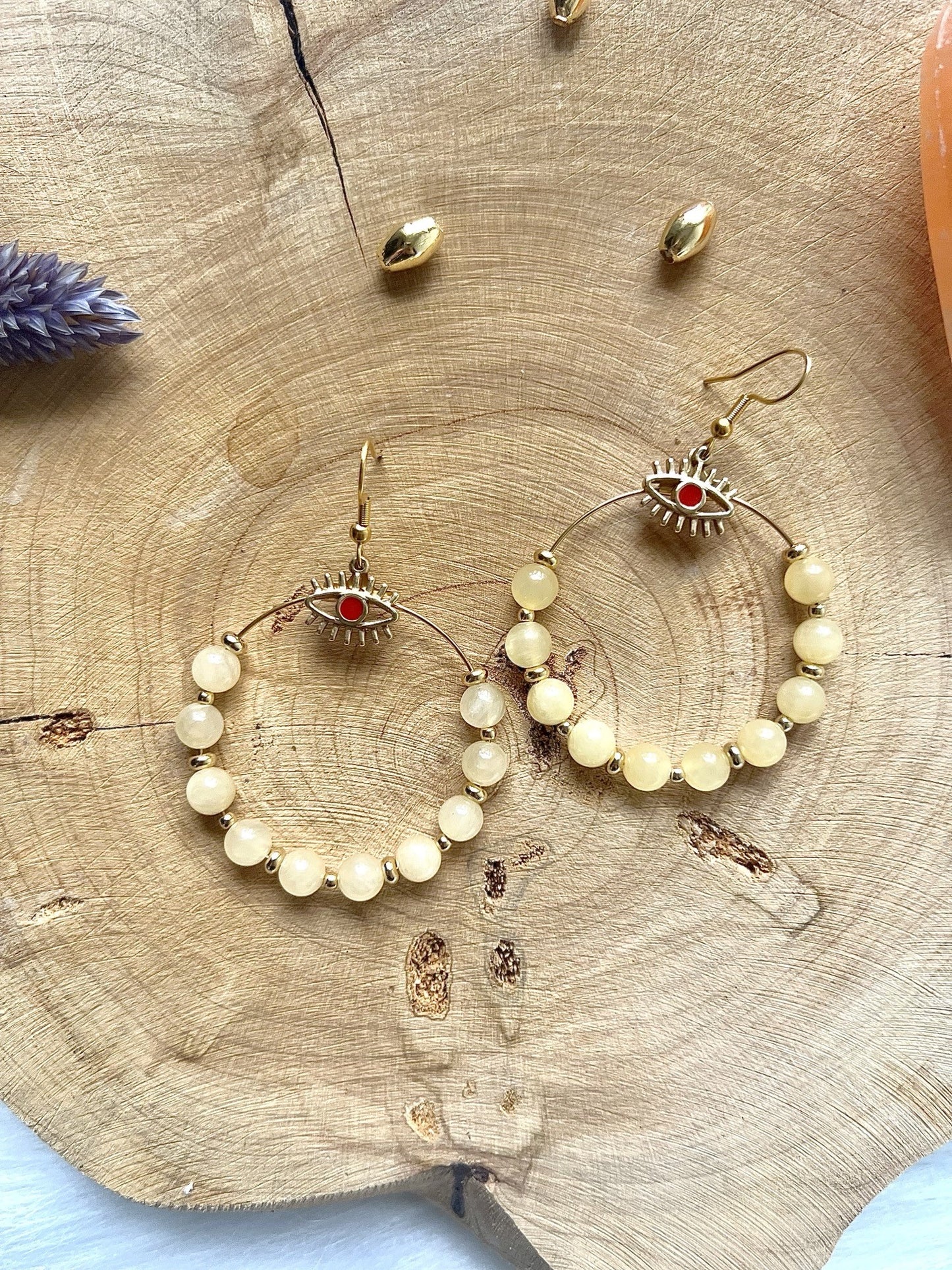 Médium Boucle d'Oreilles en acier inoxydable avec des pierres de Calcite Orange (6mm)