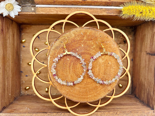 Medium Boucle d'Oreilles en acier inoxydable avec de la pierres de Fluorite (pierre baroque)