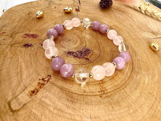 Bracelet contre les angoisses en pierre de Lépidolite et Quartz Rose déco (8mm)